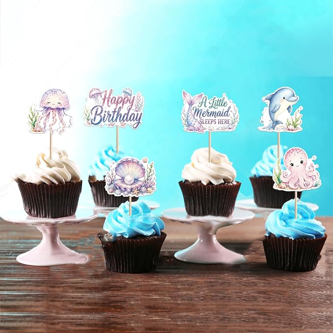 40 PCS Mermaid Cupcake Toppers Ocean Animal Cake Decorations Turtles Octopus Seashell Crab Fish Cupcake Picks Mermaid Birthday Decorations for Under the Sea Theme Baby Shower Birthday Party Supplies