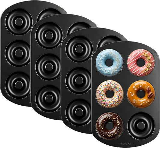 NutriChef Nonstick Donut Pans for Baking | 6 Durable & Easy to Clean Doughnut Molds | Fits Full-Sized Doughnuts | Oven Safe Up To 450F | Bake Perfect Donuts & Bagels | 12.5 x 8.5 Donut Trays | 4 Pack