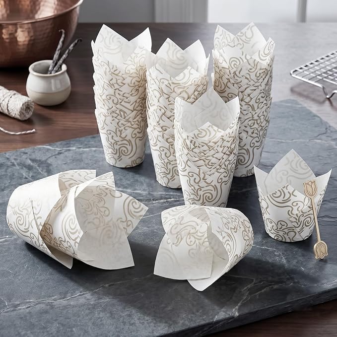 200 Pcs White Tulip Cupcake Liners for Baking, White Wavy Line | Standard Greaseproof Tulip Muffin Liners for Baking, 3oz White Paper Cupcake Wrappers for Party Wedding Birthday