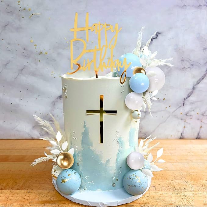 Blue Balls Cake Topper Boho Grass Cake Topper Blue White Gold Pearl Balls Happy Birthday Cake Decorations for Wedding Birthday Boho Themed Supplies (Blue)