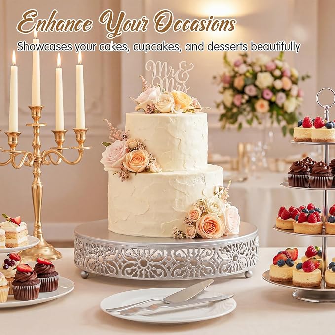 Wenqik 14 Inch Cake Stand Round Metal Cupcake Dessert Wedding Cake Stand Cookies Display Holder Fruit Food Serving Tray for Table Wedding Birthday Anniversary Party Decor (Silver)