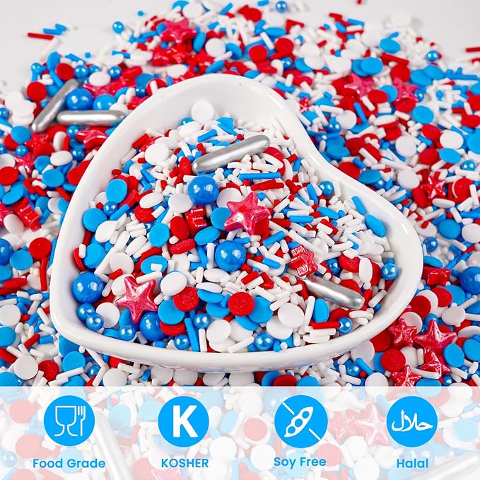 Patriotic Sprinkles, 4th of July, 130g/4.59oz, Edible Red White Blue Jimmies Sprinkles for Cake Decorating, Cake Decorations, Cupcake Toppers, Independece Day Festival Supplies