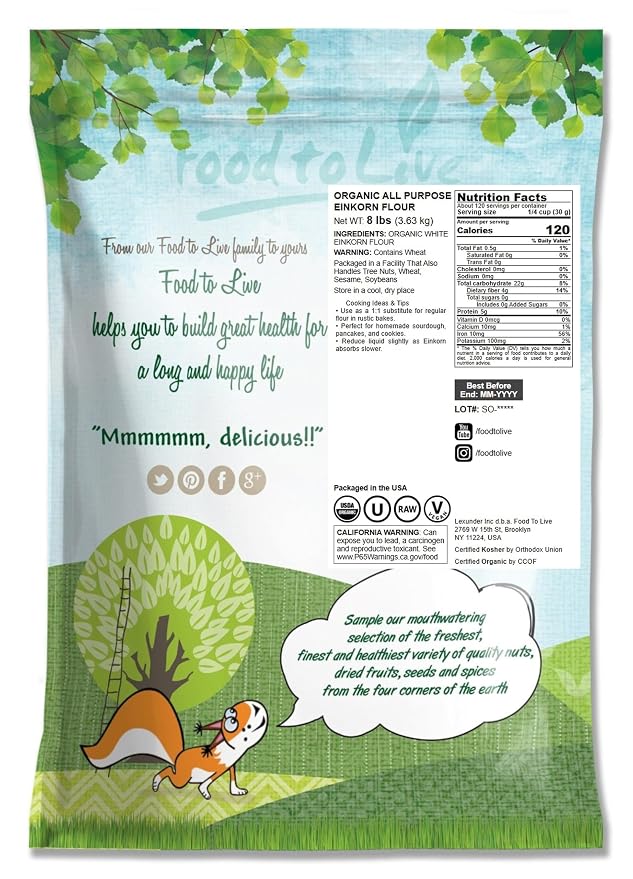 Food to Live Organic All Purpose Einkorn Flour, 8 Pounds - Italian Ancient Grain White Flour for Bread, Pizza, Pasta and Everyday Baking. Non-GMO, Vegan, Kosher, Bulk