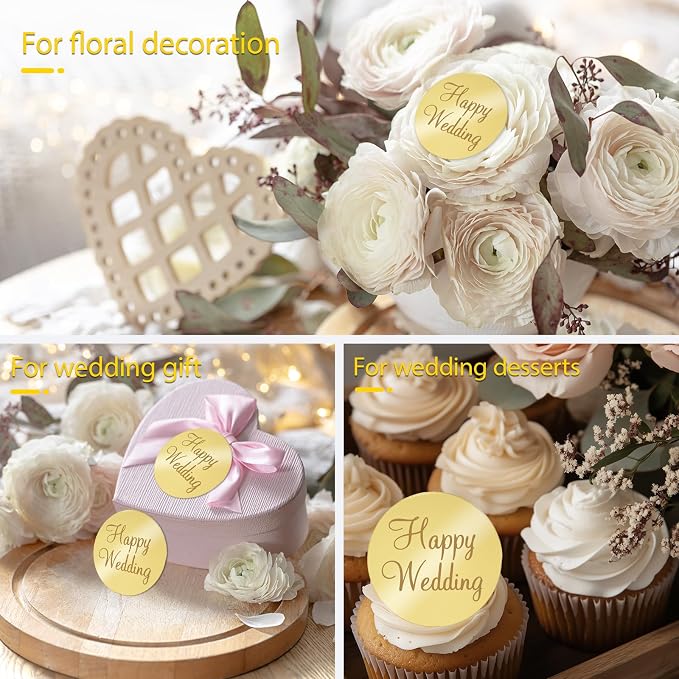 20Pcs Gold Acrylic Wedding Cupcake Toppers Mirror Happy Wedding Cake Toppers for Engagement Party Cake Decorations Round Tags Reusable Acrylic Decorations Flower Decor for Cakes Gift Boxes DIY Crafts