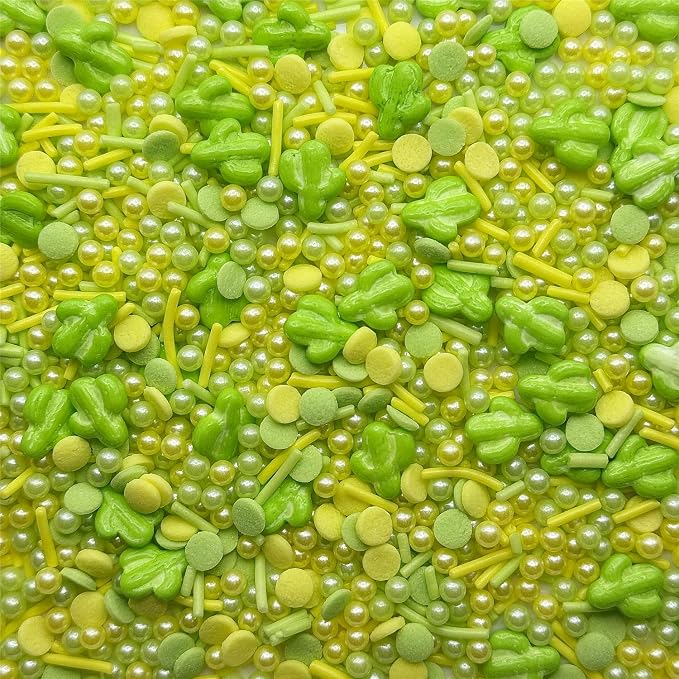 CandiJumpin Edible Cactus Sprinkles, Green and Yellow Pearl Sprinkles Easter Sprinkles Crunchy Jimmies Edible Pearls for Cake Decorating Pearl Decoration for Baking Baby Shower St Patricks Day Birthday Wedding Christmas Supplies 3 OZ