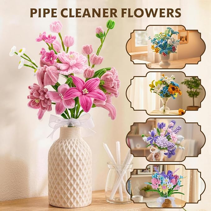 LENYNAL 500 Pcs Pastel Pipe Cleaners Bulk Craft, Purple Pipe Cleaner Flower Kit, Glue-Free & Safe for Kids, Step-by-Step Tutorial, 6 Colors Chenille Stems for Flower Making