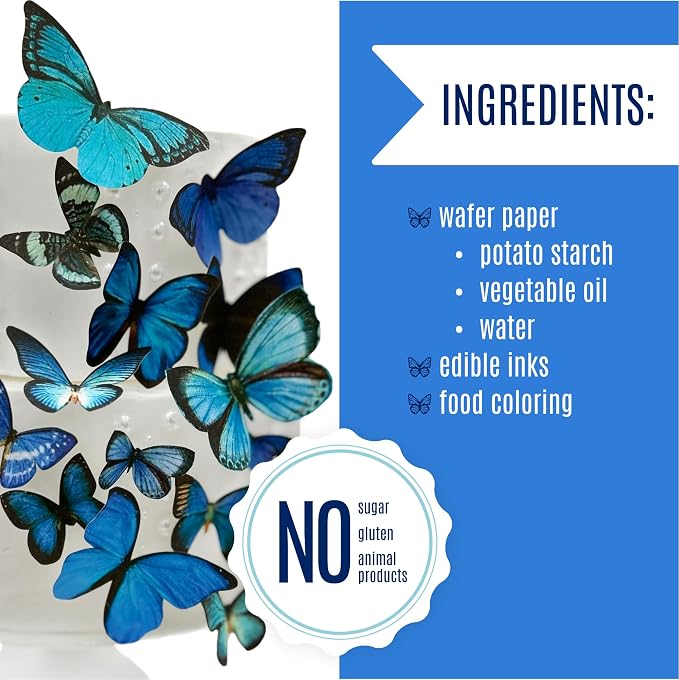 Sugar Robot Inc. Edible Butterflies for Cake Decorating - Assorted Sizes, Premium Crafted in the USA - Butterfly Cake Toppers & Cupcake Decorations (Blue)