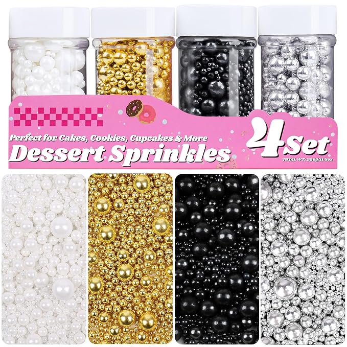 Pearl Sprinkles for Cake Decorating, 11.3 Oz Edible Pearls Mix White Gold Black Silver Sprinkles, 6 Sizes 4 Jars Set for Baking Cookies Cupcakes