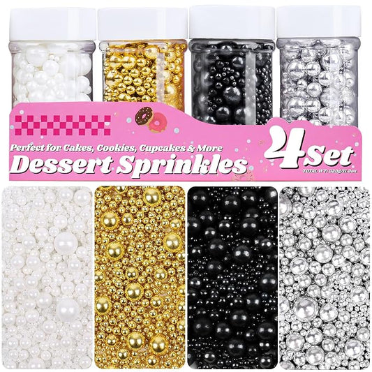 Pearl Sprinkles for Cake Decorating, 11.3 Oz Edible Pearls Mix White Gold Black Silver Sprinkles, 6 Sizes 4 Jars Set for Baking Cookies Cupcakes