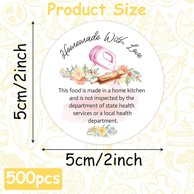 PANTIDE Watercolor Flower Cottage Food Law Labels Sticker - 500Count Homemade with Love Adhesive Round Decal Roll, Made in A Home Kitchen Inspection Statement Thermal Printed for Packaging(2 x 2 Inch)