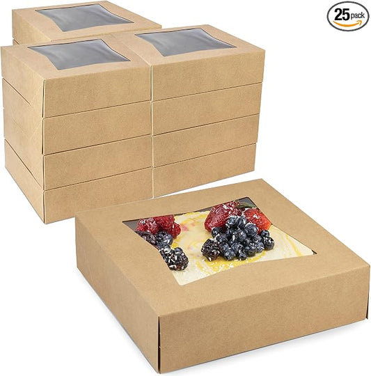 Fit Meal Prep 25 Pack 9 x 9 x 2.5 Inches Pie Boxes with Window, Square Kraft Pastry Boxes, Auto Pop-up Brown Boxes for Cookies, Cakes, Muffins, Dessert