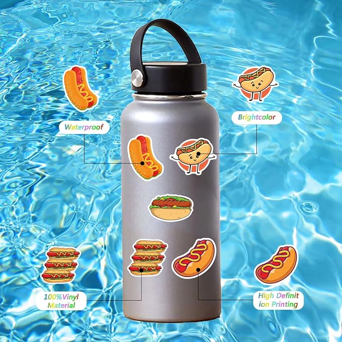 100Pcs Hot Dog Food Waterproof Stickers for Water Bottle Scrapbook Laptop,Skateboard,Party Favors Self Adhesive Stickers