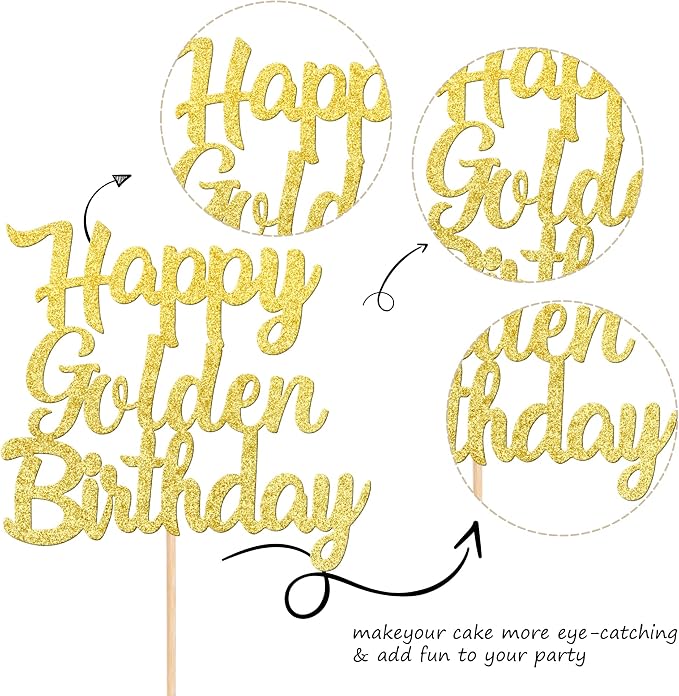 1 PCS Happy Golden Birthday Cake Topper - Gold Glitter Pick for Celebrating Anniversary Theme Party Cake Decorations Supplies