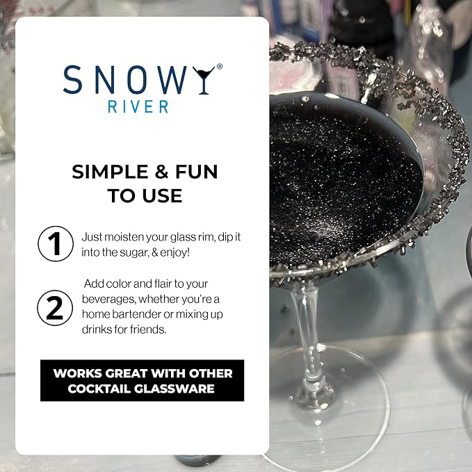 Snowy River Black, Cocktail & Margarita Sugar Rimmer - Vibrant Naturally Colored Sugar for Cocktail Rimming, Baking & Decorating, Medium Crystal - 16oz