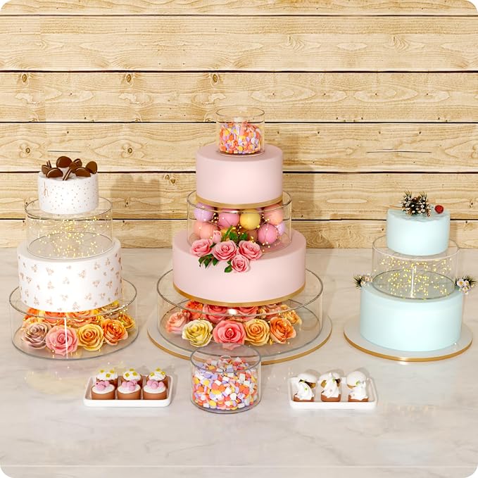 NPPLUS 3PCS Clear Acrylic Cake Stand, Fillable Cake Box Riser Cake Tier, Round Cake Display Box with Lid, Decorative Centerpiece Box for Wedding Birthday Party (12" Dx4 H,8" Dx4 H,4" Dx4 H