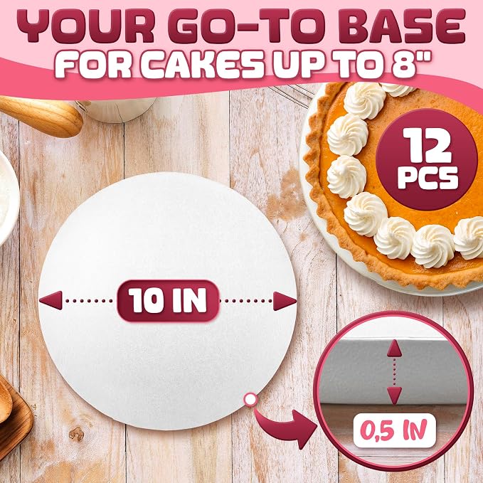 Set of 12 Cardboard Cake Drums 10 inch Round - Thick 1/2" White 10 inch Cake Board Set with Bend-Proof, Smooth Surface, Grease Resistant and Water Resistant - Suitable for Wedding Cakes up to 8"