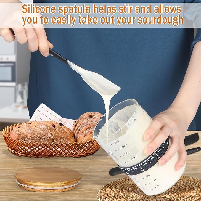 Sourdough Starter Jar Glass, 34 Oz DIY Wide-mouth Pro Sourdough Starter Jar Kit with Silicone Spatula,Cholkboard Sign, hermometer,Feeding Band,cloth cover, Reusable Sourdough Bread Baking Supplies.
