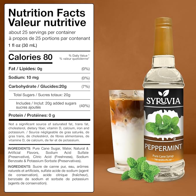 Syruvia Coffee Syrup, Peppermint Flavored Syrup for Drinks, Lattes, and Desserts – 25.4 fl oz - with Pump