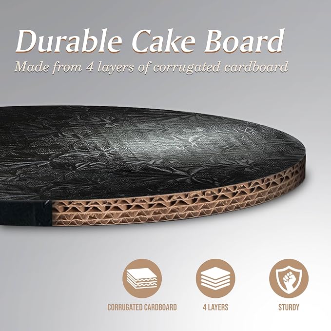 Cakebon Round Cake Boards - Sturdy 1/2 Inch Thick Cake Drums - 14 Inch Professional Base para Pastel Fully Wrapped Edges Black 3-Pack