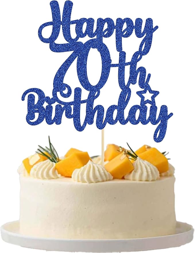 Gyufise 1Pc Happy 70th Birthday Cake Topper Glitter 70 & Fabulous Cheers to 70 Years 70th Birthday Cake Pick for Celebrating 70th Birthday Anniversary Party Cake Decorations Supplies Blue