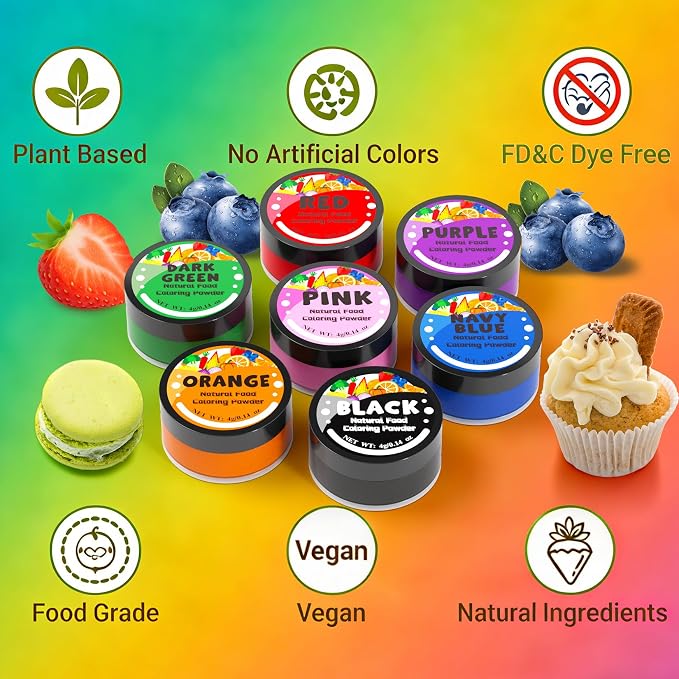 Natural Food Coloring - 12 Colors Plant Based Food Coloring Powder, FD&C & Artificial Dye Free, High Concentrated Natural Food Dye for Baking, Frosting, Fondant, Cake Decorating - 4g/0.14oz each