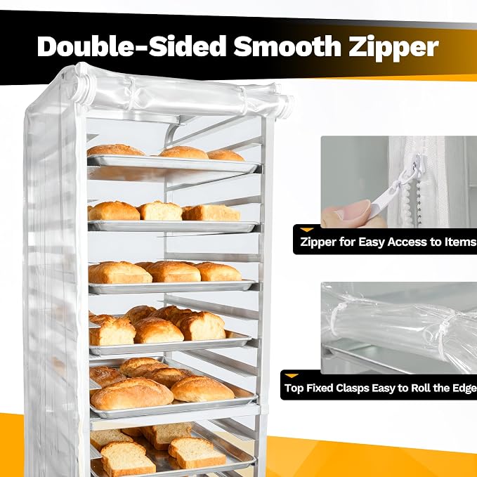 BIEAMA Bun Rack Cover – 10 Tier Commercial Bakers Racks Sheet Pan Rack Cover PVC with 2 Sided Zippers, Clear 27" L x 21" W x 33" H