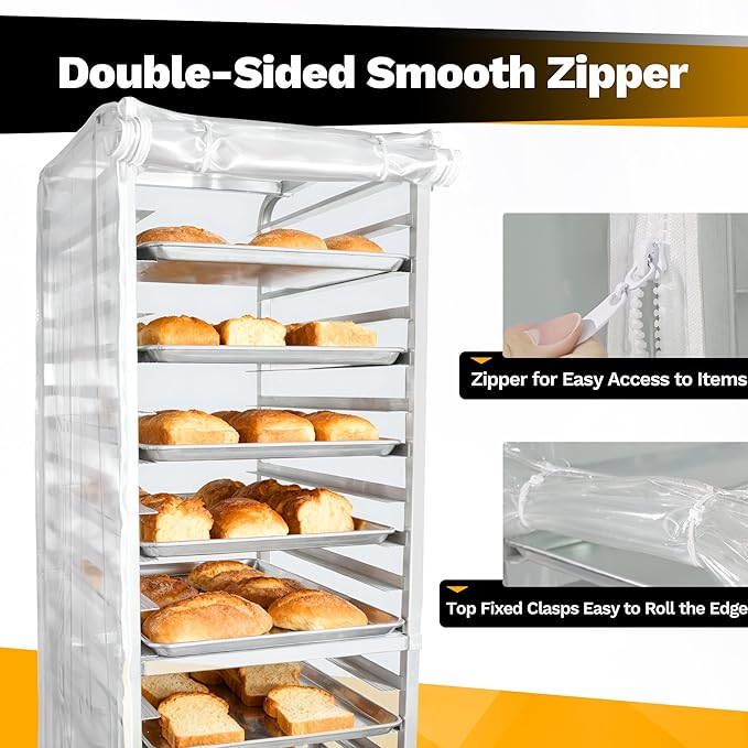 BIEAMA Bun Rack Cover – 10 Tier Half Size Commercial Bakers Racks Speed Pan Rack Cover PVC with 2 Sided Zippers, Clear 18.5" L x 16" W x 32.5" H