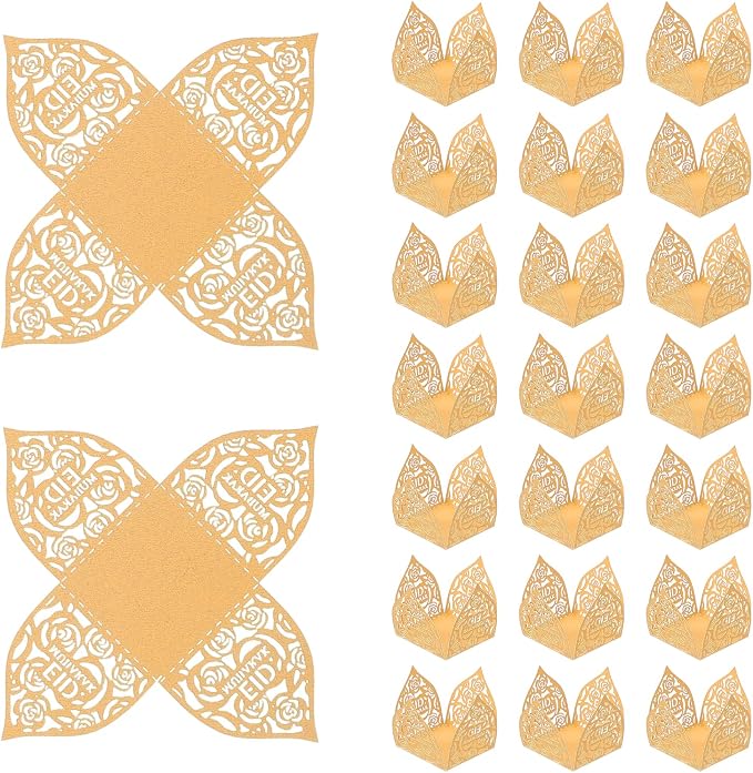 uxcell 25 PCS Truffle Wrappers 0.43x0.43 Inch Square Cupcake Liners Baking Wrappers Hollow Out Paper Dessert Cups for Wedding Birthday Gold