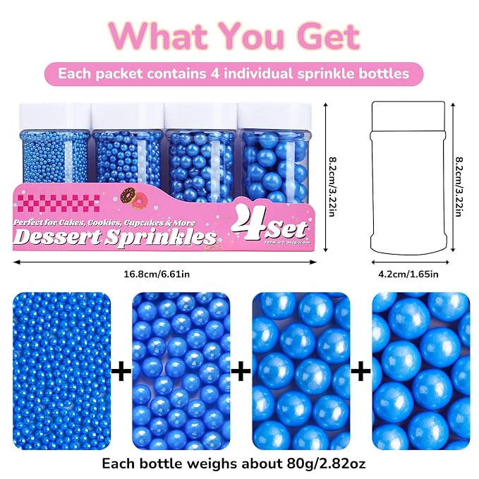 Blue Pearl Sprinkles for Cake Decorating, 11.3oz/320g Edible Pearls Sugar 4 Jars Set for Baking Cupcakes Cookies