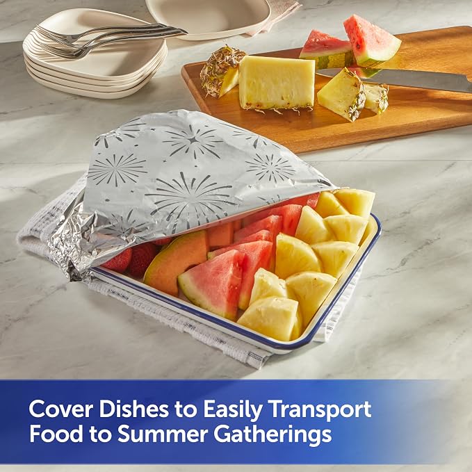 Reynolds Wrap Fun Foil with Festive Firework Pattern, Embossed Aluminum Foil Roll, Festive Embossed Foil for Covering Summer Dishes for BBQs, 25 Sq. Ft.