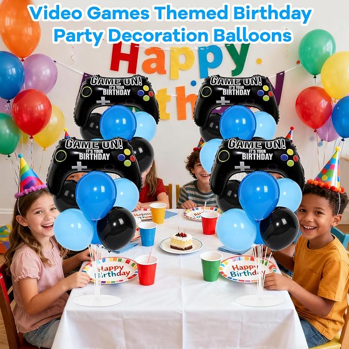 4 Sets Video Game Birthday Party Balloons Stand Kit with Game Handle Foil Balloons Black Blue Party Ball Balloon Centerpiece for Tables for Boy Girl Video Gamer Gaming Birthday Baby Shower Decoration