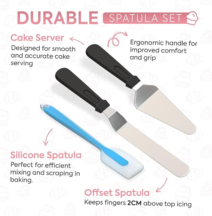 Riccle Rotating Cake Stand – 12" Aluminium Alloy Revolving Cake Turntable | Cake Decorating Kit with Offset Spatula, Icing Smoother Scrapers, Silicone Spatula & Cake Server | Cake Decorating Supplies Set