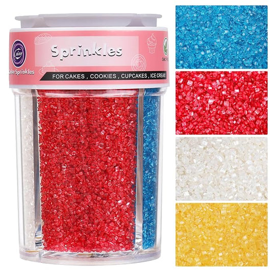 Red White and Blue Sprinkles Sanding Sugar for Cake Decorating, 8oz 4th of July Sprinkles 4 Colors Sparkling Decorating Coarse Sugar Crystals for Cupcakes Cookie Ice Cream Baking Topping