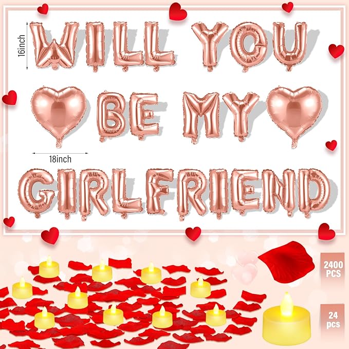 HyDren 18" Will You Be My Girlfriend Balloons Letters Kit Include Heart Shaped Balloons and LED Tealight Candles with Rose Petals Romantic Girlfriend Proposal Kit Valentines Day Decorations(Rose Gold)