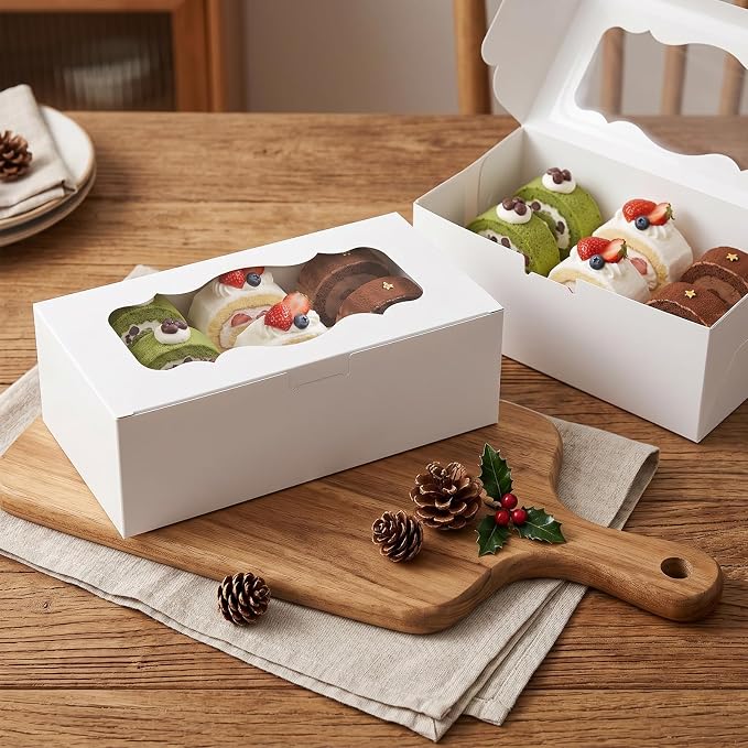 30Pcs White Cookie Boxes with Clear Window, Sturdy Loaf Cake Boxes for Roll Cakes, Desserts, Muffins, Donuts, Candies, Pastries & Baked Goods Display and Gifting,9x4x3.5 Inch