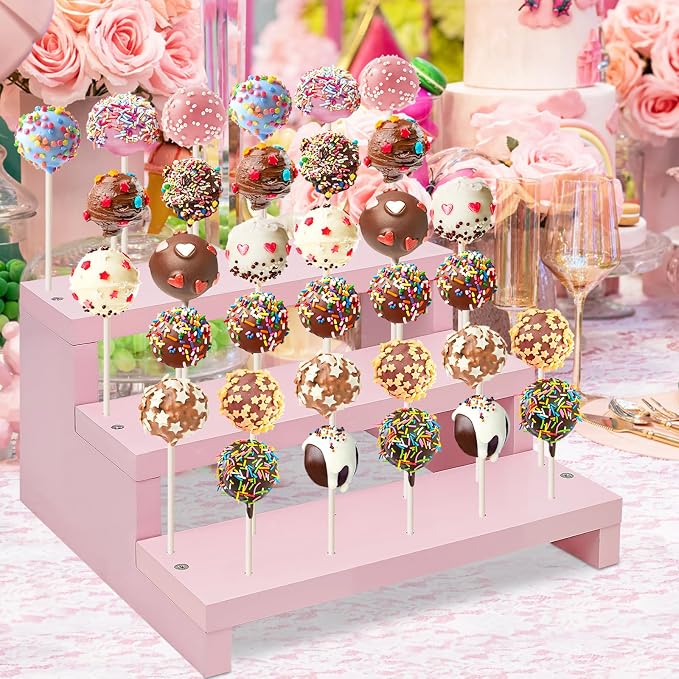 Wood Cake Pop Stands, 3 Tier Lollipop Holders with Twist Ties Lollipop Sticks, Sucker Display Riser for Dessert Table of Wedding Birthday Party (Pink-1P)