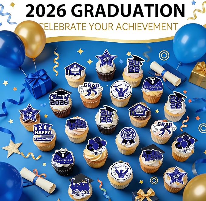 48pcs Edible 2026 Graduation Cupcake Toppers Wafer Paper Blue Class of 2026 Cake Decorations Edible Congrats Grad Cupcake Picks for 2026 Graduation Theme Party Cake Supplies