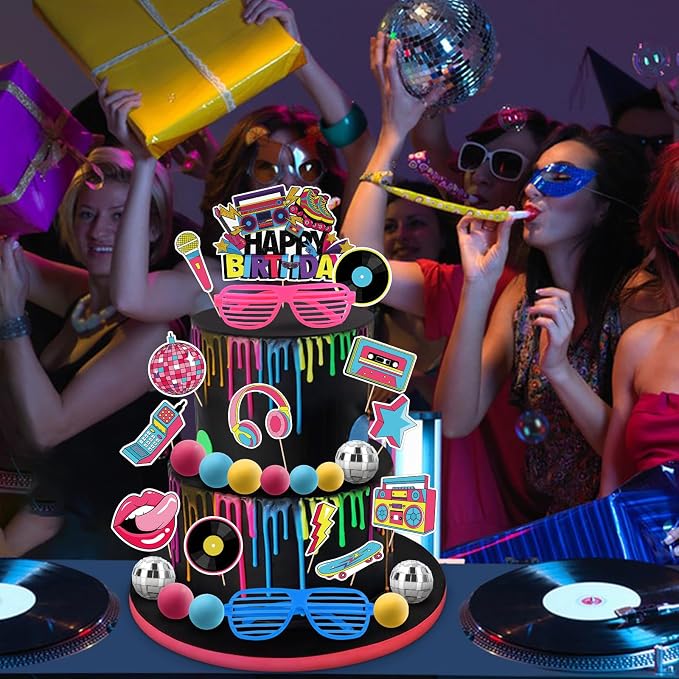80s Cake Decorations 27PCS 90s Cake Topper Retro Hip Hop Cakes Decorations 1980s Disco Ball Cakes Toppers for 80s 90s Party Decorations