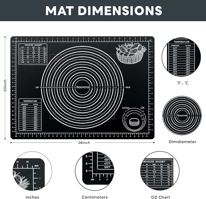 Extra Large Baking Mat - 28" Silicone Pastry Mat, Reusable Non-Stick Dough Mat with Measurement for Fondant, Rolling Dough, Pie Crust, Pizza and Cookies, Black
