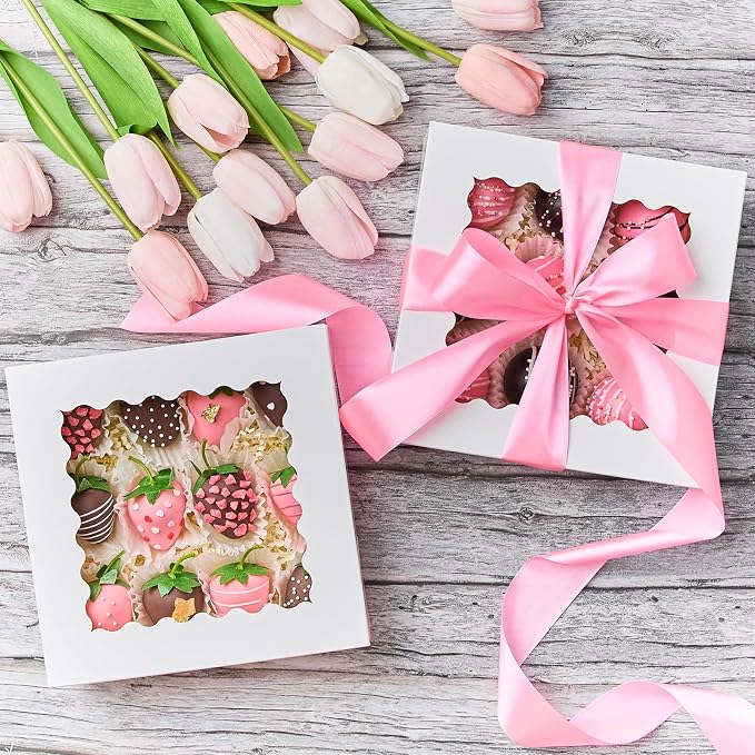 Kucoele Pie Boxes, 8 x 8 x 2.5 Inches, 20 PCS, White | Auto-Popup, with Window, Bakery Boxes, Cookie Boxes, Treat Boxes, For Chocolate Strawberries, Pastries, Muffins, Donuts