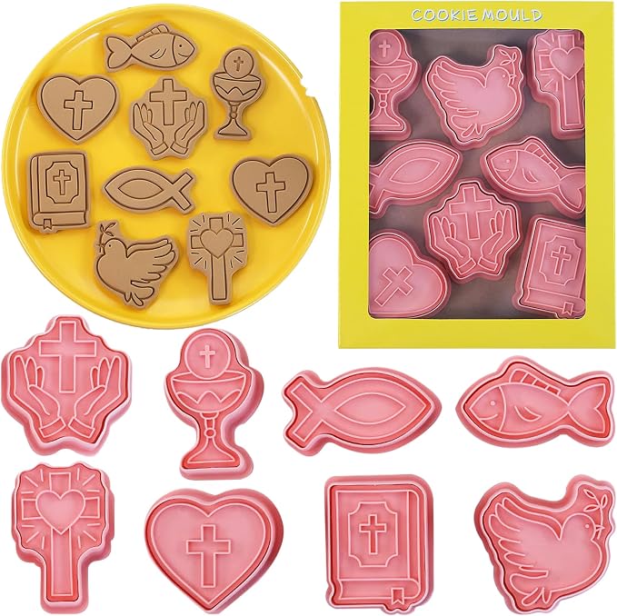 8 Pcs 3D Easter Heart Cookie cutter set with plunger Stamps Design Exquisite Cross Dove Shaped Plastic biscuit cutters for baking fondant cheesecake pastries apple pie cake decoration