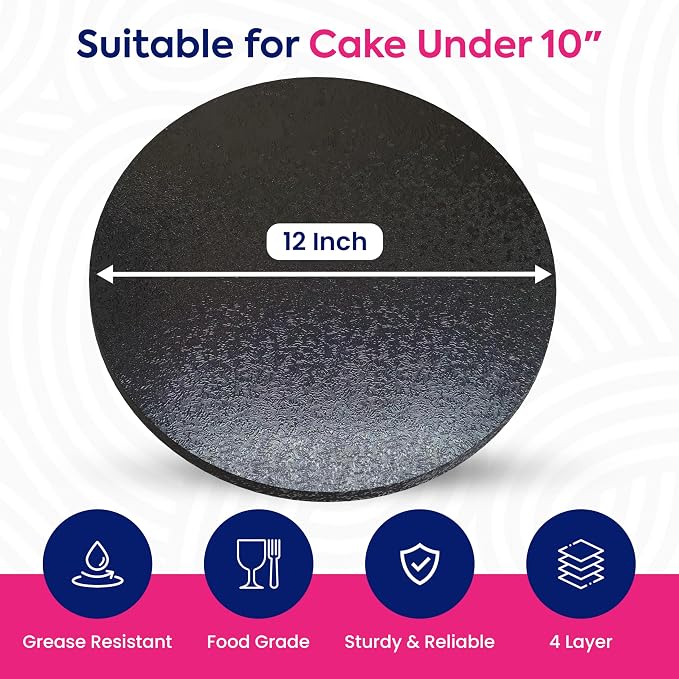RICCLE Cake Boards - 12 Inch Cake Drum - Smooth-Edged Pack of 6 Cake Drums - Sturdy Cake Boards Round - Bend Resistant Multi-Layered Cake Base for Minimalist Displays (Black)