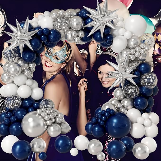 Bonropin Navy Blue and Silver Balloon Garland Arch Kit 158pcs with Blue White Silver Confetti Balloons, Star Foil Balloons, for Graduation New Year Anniversary Birthday Party Decorations