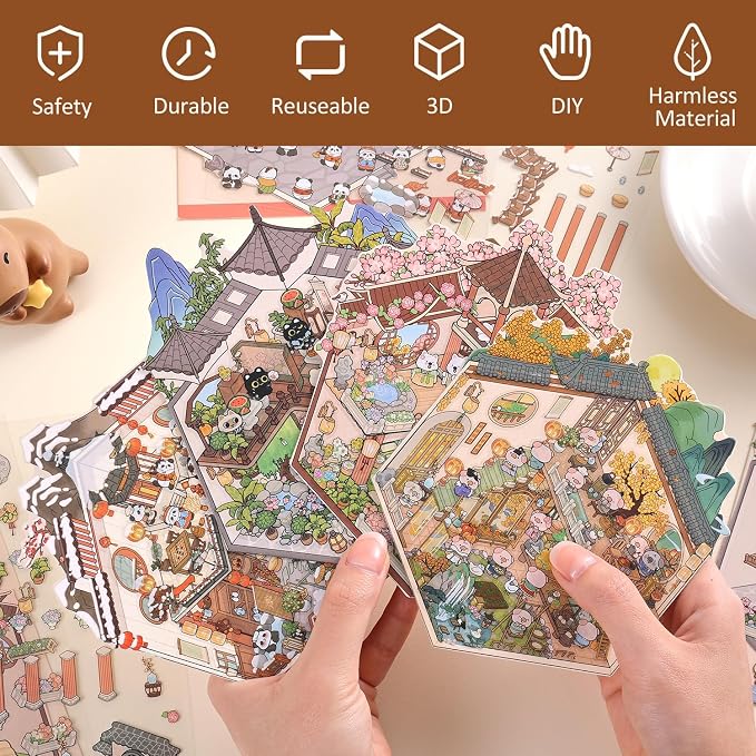 Girls 3D Miniature Scene Stickers, 4 Sets Chinese Courtyard DIY House Stickers for Lunar New Year, Spring, Summer, Auturn, Cute 3D Cartoon Sticker Scenes for Adult Kids Relief Stress Pass The Time