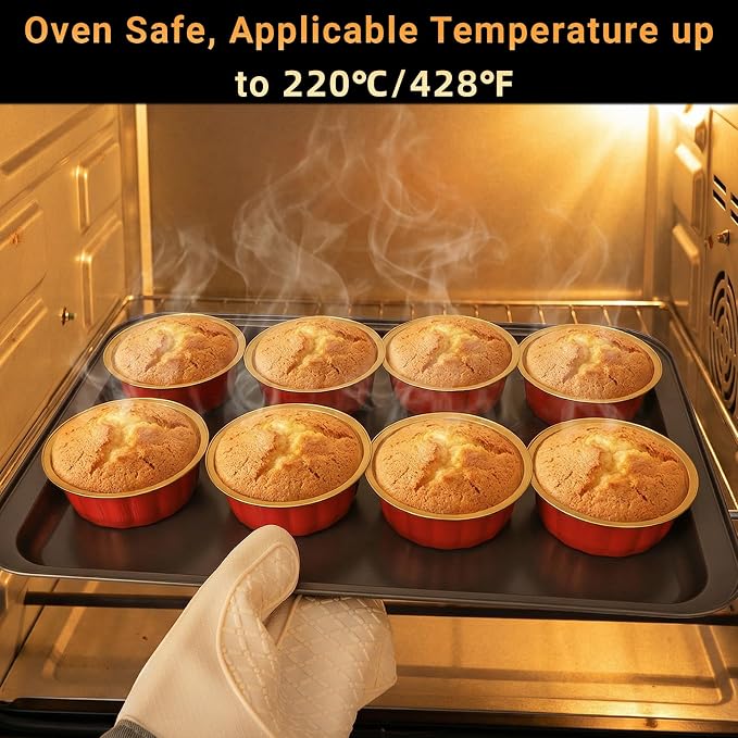 Beasea Disposable Ramekins 8oz, 50 Pack 235ml Aluminum Foil Cups with Lids, Disposable Creme Brulee Muffin Cupcake Mini Cheesecake Baking Cups for Party Wedding Birthday - Red Gold