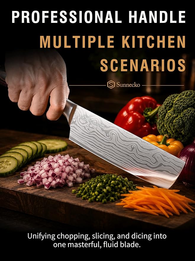 Sunnecko Japanese Nakiri Knife 7 Inch - 12° Edge Carbon Steel Chef Knife for Meat Vegetable Cutting Japanese Style, Full Tang Forged Blade Knife with Sheath, Kitchen Gift for Father Home Cooks & Pros