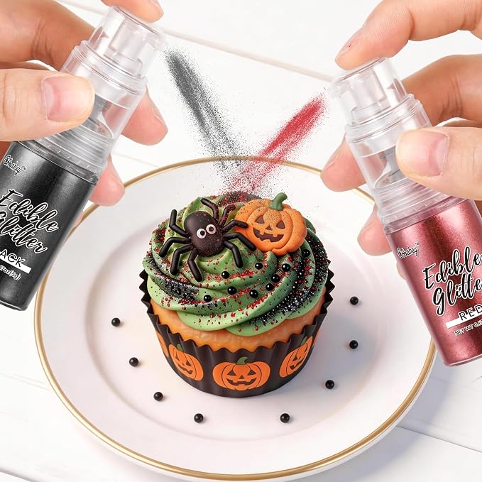 Halloween Edible Glitter Spray, Black & Red Edible Glitter for Cocktails, Cobakey Luster Dust Edible for Cake Decorating, Drinks, Baking, Chocolate, Strawberrie 5g/2 Bottles