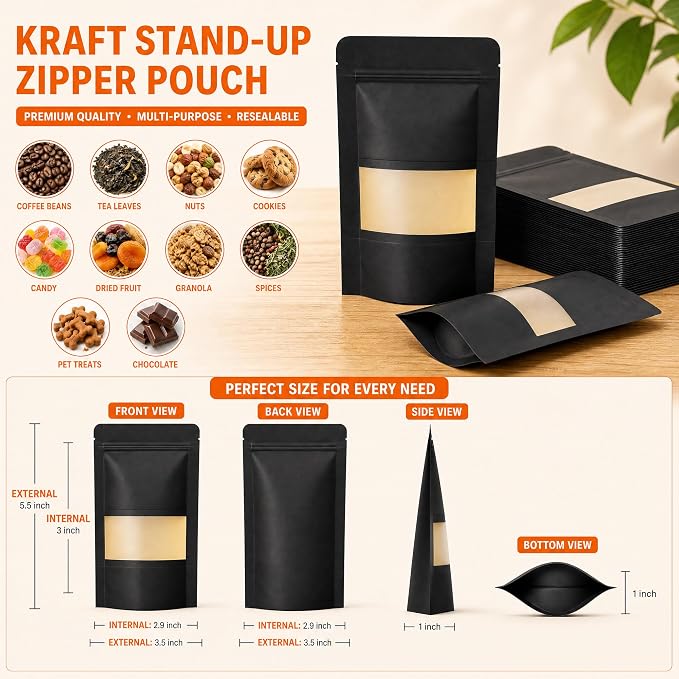 100 Pcs Black Kraft Paper Bags with Window, 3.5" x 5.5" Stand Up Pouches Bags, Food Storage Bags for Packaging Products, Reusable, Sealable