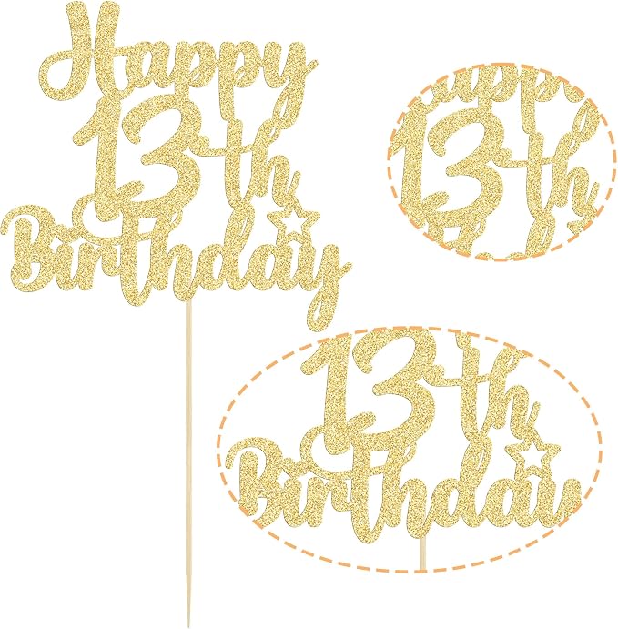 Gyufise 1Pc Happy 13th Birthday Cake Topper Glitter 13 & Fabulous Official Teenager 13 Birthday Cake Pick for Celebrating 13th Birthday Anniversary Party Cake Decorations Supplies Gold