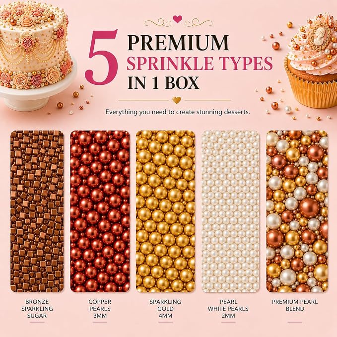 Confect Sprinkle Mix – Edible Gold, Bronze & White Sugar Pearls with Copper Sparkling Sugar –Great Gatsby Disco Ball- Elegant Cake, Cupcake & Cookie Decorating Sprinkles –Vegan, Gluten-Free, Nut-Free, Soy-Free, Dairy-Free, Palm Oil-Free, Dye Free- 5 Oz